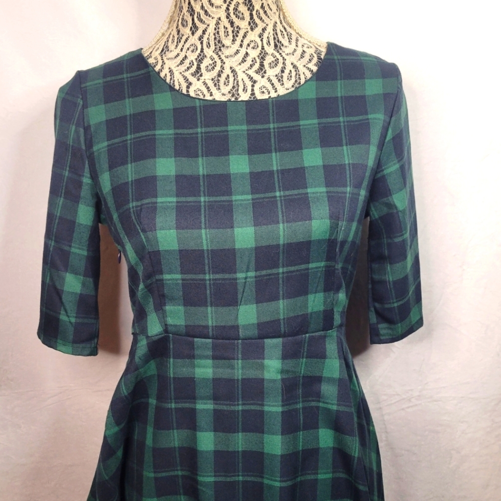 Green Plaid Three Quarters Sleeve Mini Dress